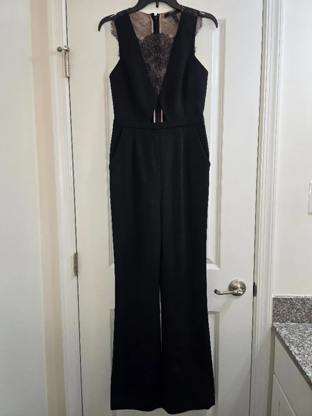 BCBG Max Azria Josef Lace Cut Out Wide Leg Jumpsuit - Black and Nude - Picture 3 of 6